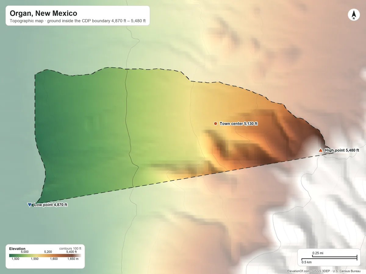 Topographic elevation map of Organ, New Mexico, shaded from 4,870 ft on the southwest side to 5,480 ft at the foot of the San Augustin Mountains