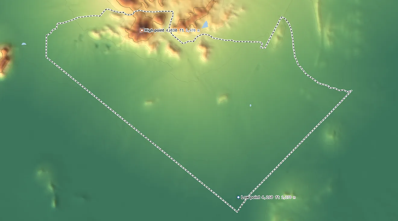 Topographic elevation map of Orogrande, New Mexico, shaded from 4,160 ft on the south side to 4,830 ft at the foot of the Jarilla Mountains