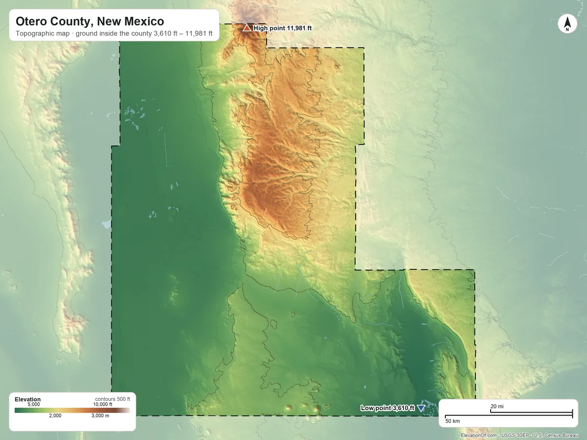Topographic elevation map of Otero County, New Mexico, shaded from 3,610 ft on the southeast side to 11,981 ft on Sierra Blanca Peak