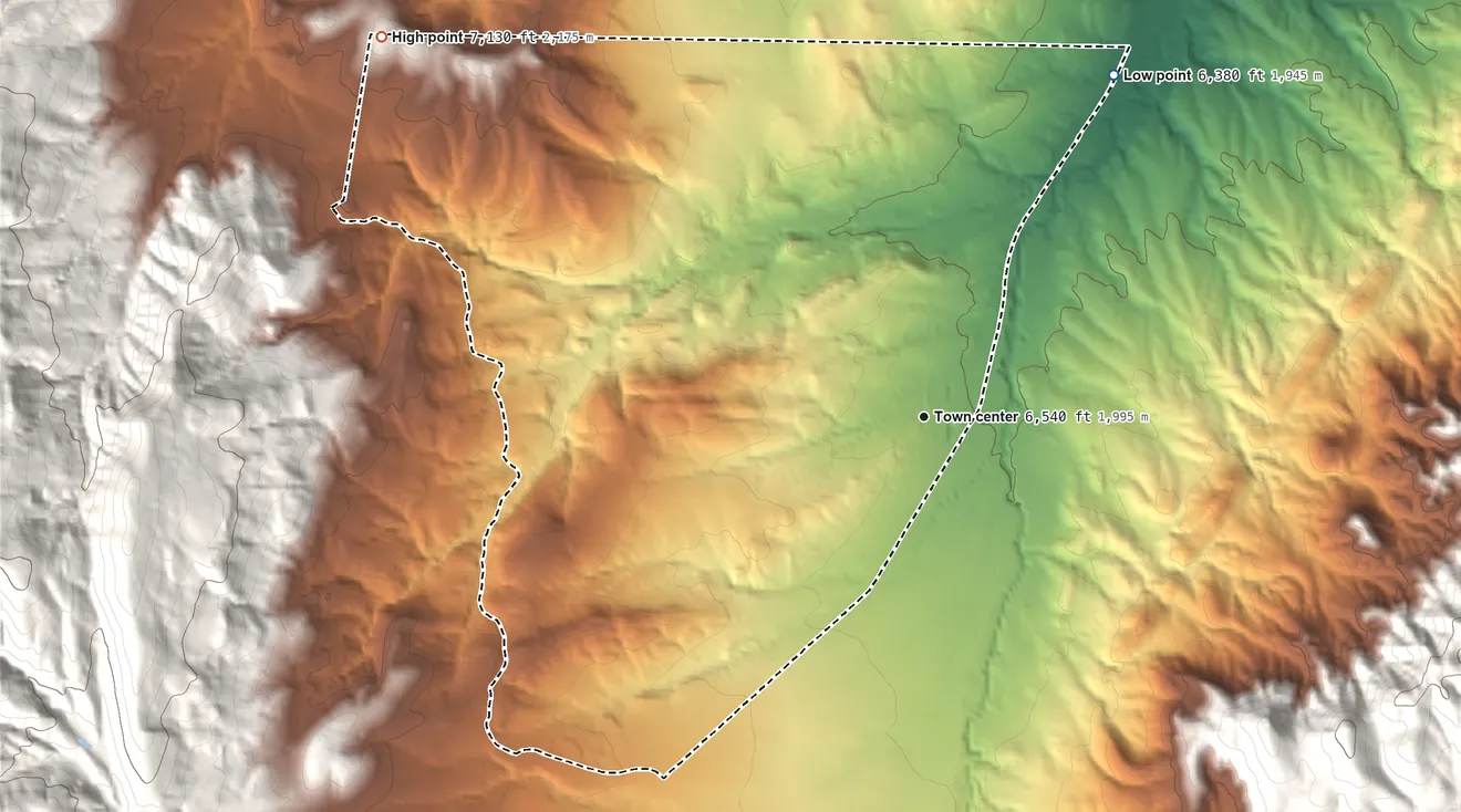Topographic elevation map of Paa-Ko, New Mexico, shaded from 6,380 ft on the northeast side to 7,130 ft at the foot of the Sandia Mountains