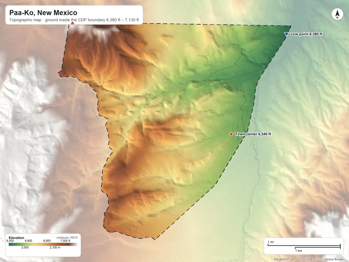 Topographic elevation map of Paa-Ko, New Mexico, shaded from 6,380 ft on the northeast side to 7,130 ft at the foot of the Sandia Mountains