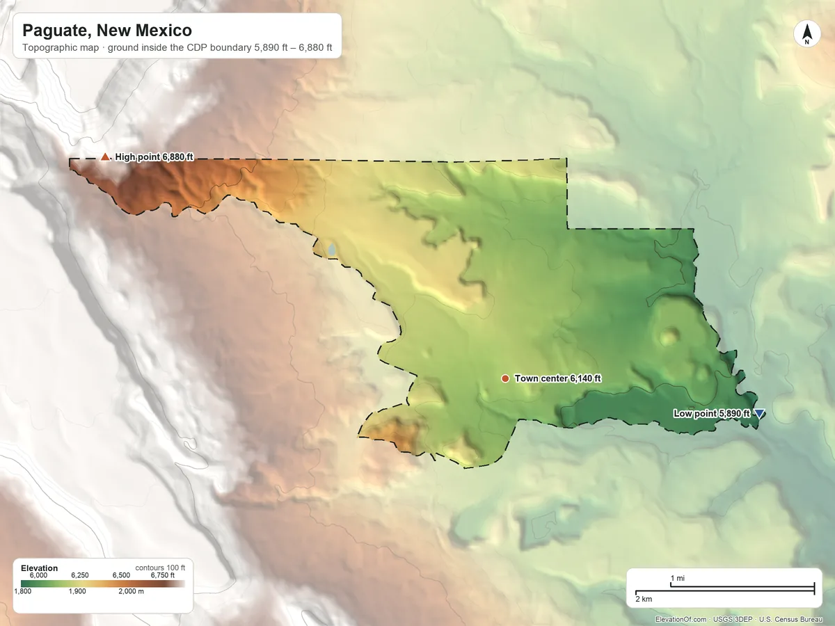 Topographic elevation map of Paguate, New Mexico, shaded from 5,890 ft on the east side to 6,880 ft at the foot of the San Mateo Mountains