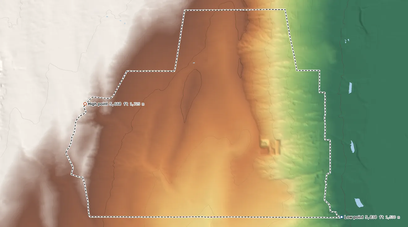 Topographic elevation map of Pajarito Mesa, New Mexico, shaded from 5,030 ft on the southeast side to 5,660 ft on the west side