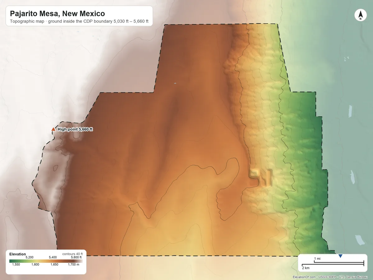 Topographic elevation map of Pajarito Mesa, New Mexico, shaded from 5,030 ft on the southeast side to 5,660 ft on the west side