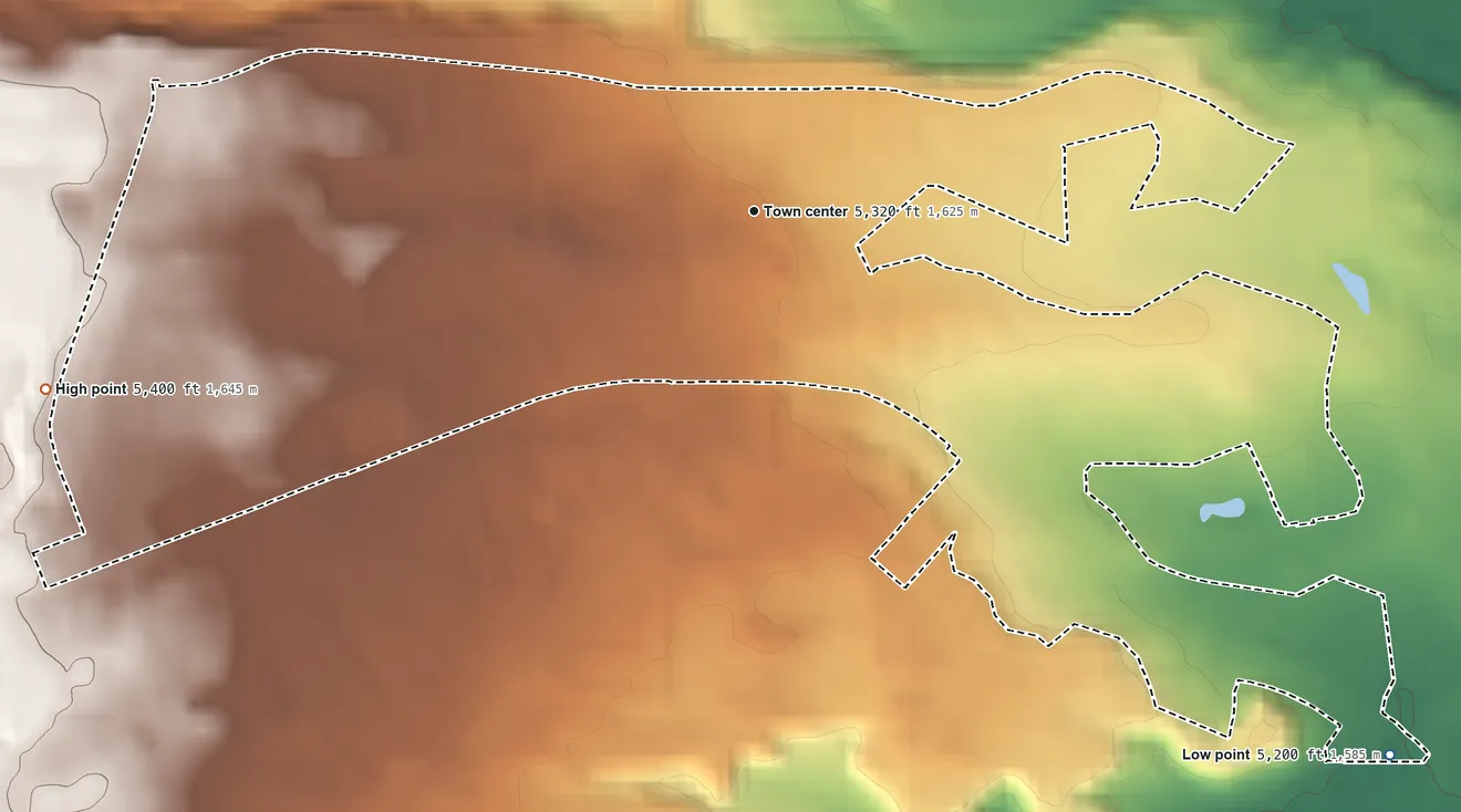 Topographic elevation map of Paradise Hills, New Mexico, shaded from 5,200 ft on the southeast side to 5,400 ft on the west side