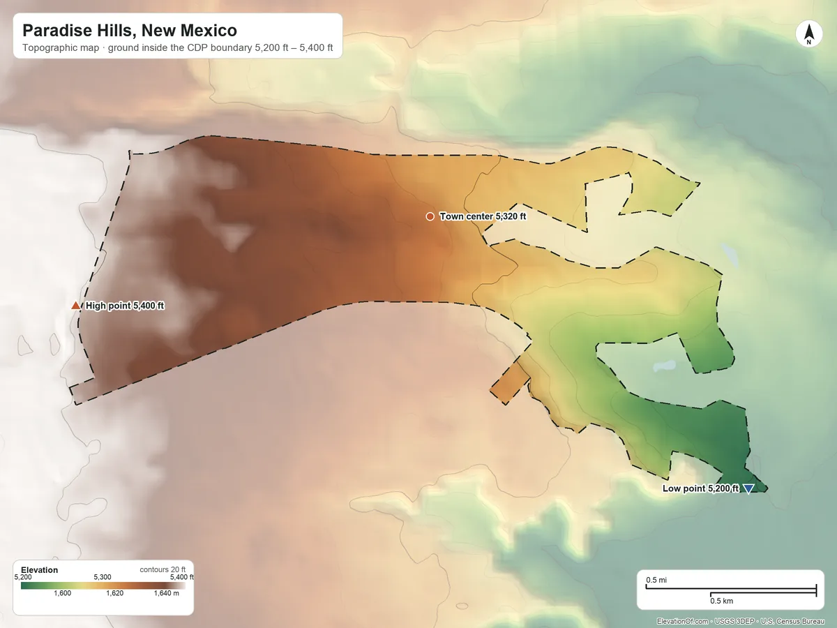 Topographic elevation map of Paradise Hills, New Mexico, shaded from 5,200 ft on the southeast side to 5,400 ft on the west side