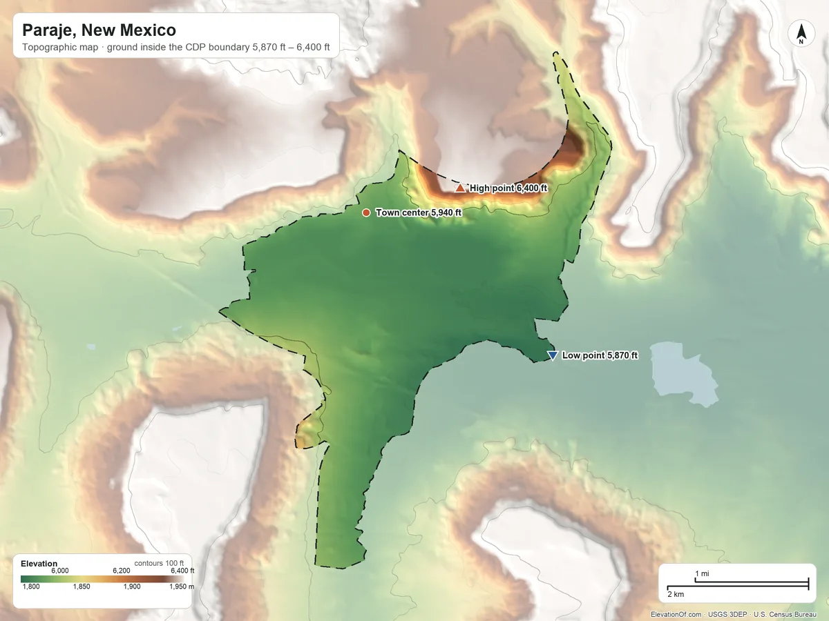 Topographic elevation map of Paraje, New Mexico, shaded from 5,870 ft on the southeast side to 6,400 ft on East Paraje Mesa