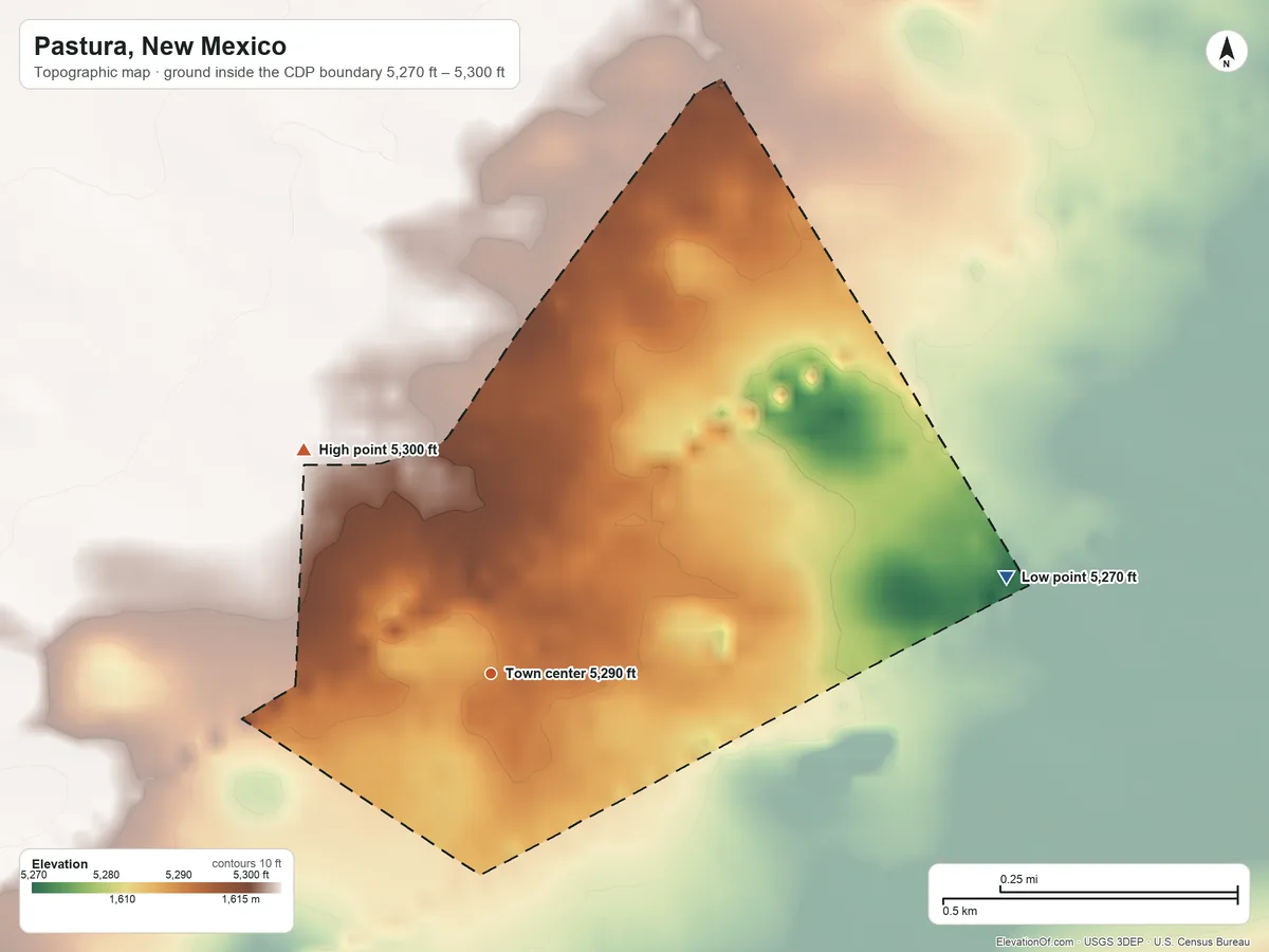 Topographic elevation map of Pastura, New Mexico, shaded from 5,270 ft on the east side to 5,300 ft on the northwest side