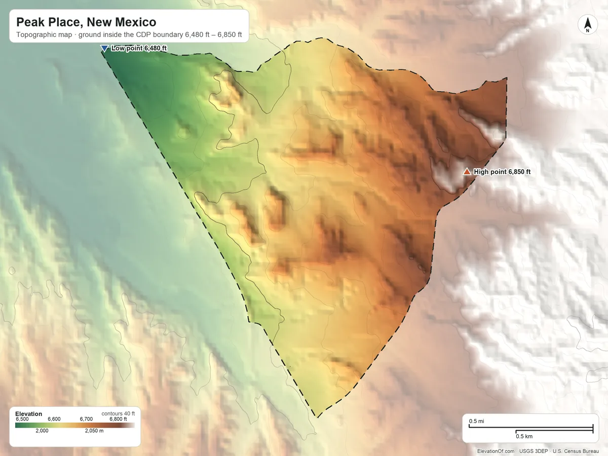 Topographic elevation map of Peak Place, New Mexico, shaded from 6,480 ft on the northwest side to 6,850 ft on the northeast edge, below higher ground just outside