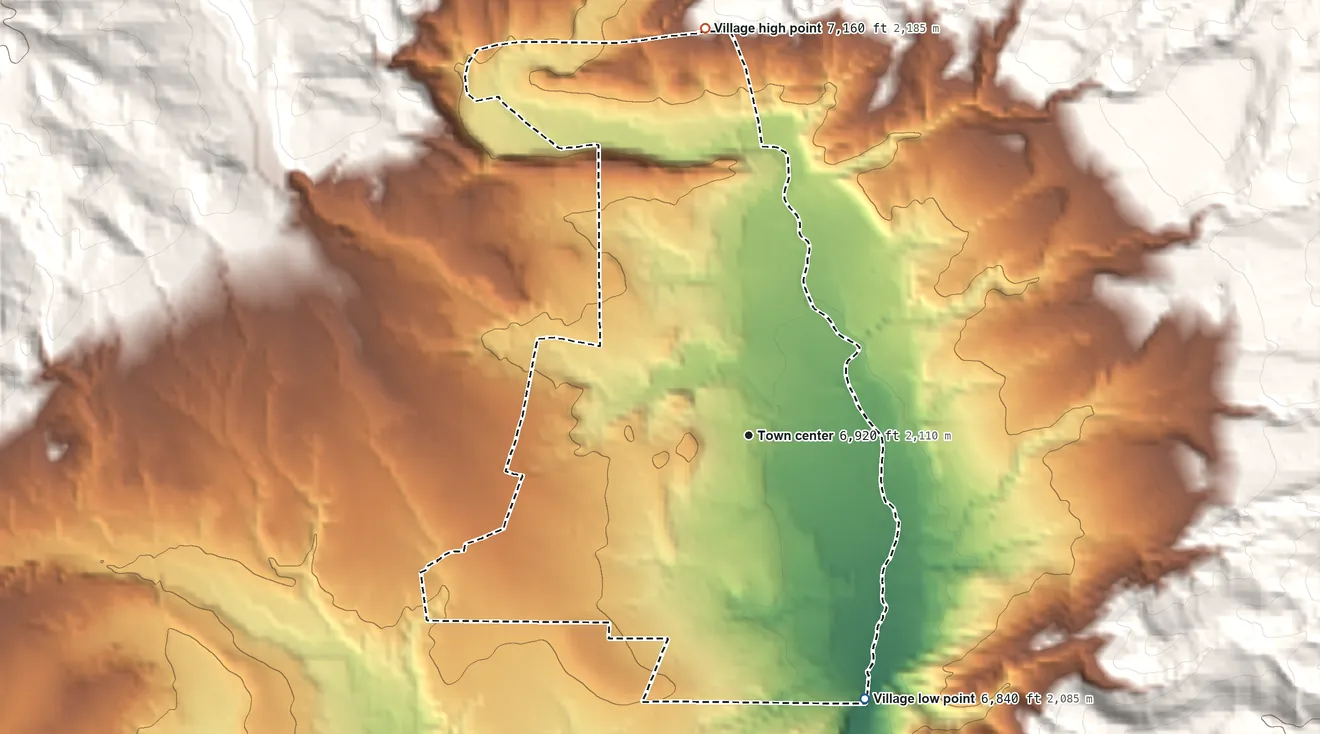 Topographic elevation map of Pecos, New Mexico, shaded from 6,840 ft on the southeast side to 7,160 ft at the foot of the Santa Fe Mountains