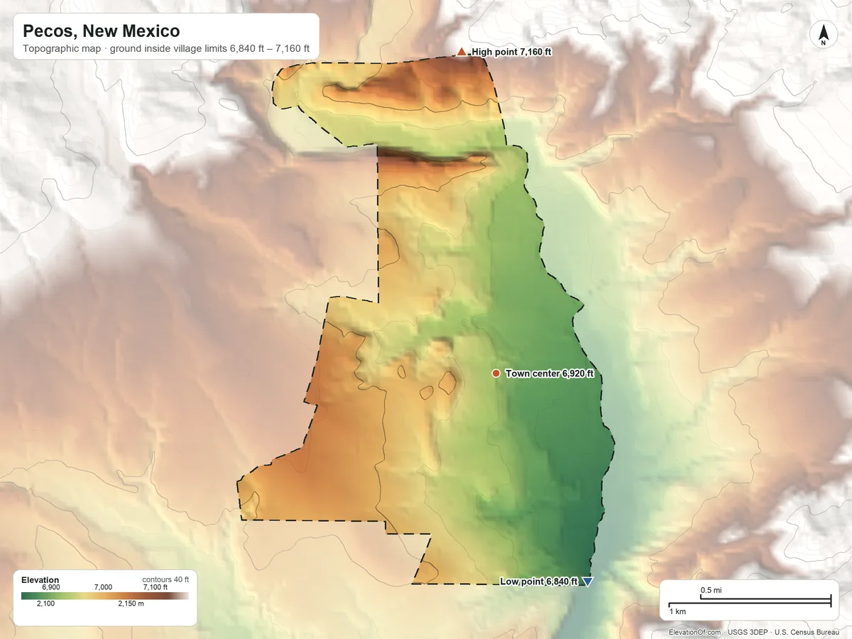 Topographic elevation map of Pecos, New Mexico, shaded from 6,840 ft on the southeast side to 7,160 ft at the foot of the Santa Fe Mountains