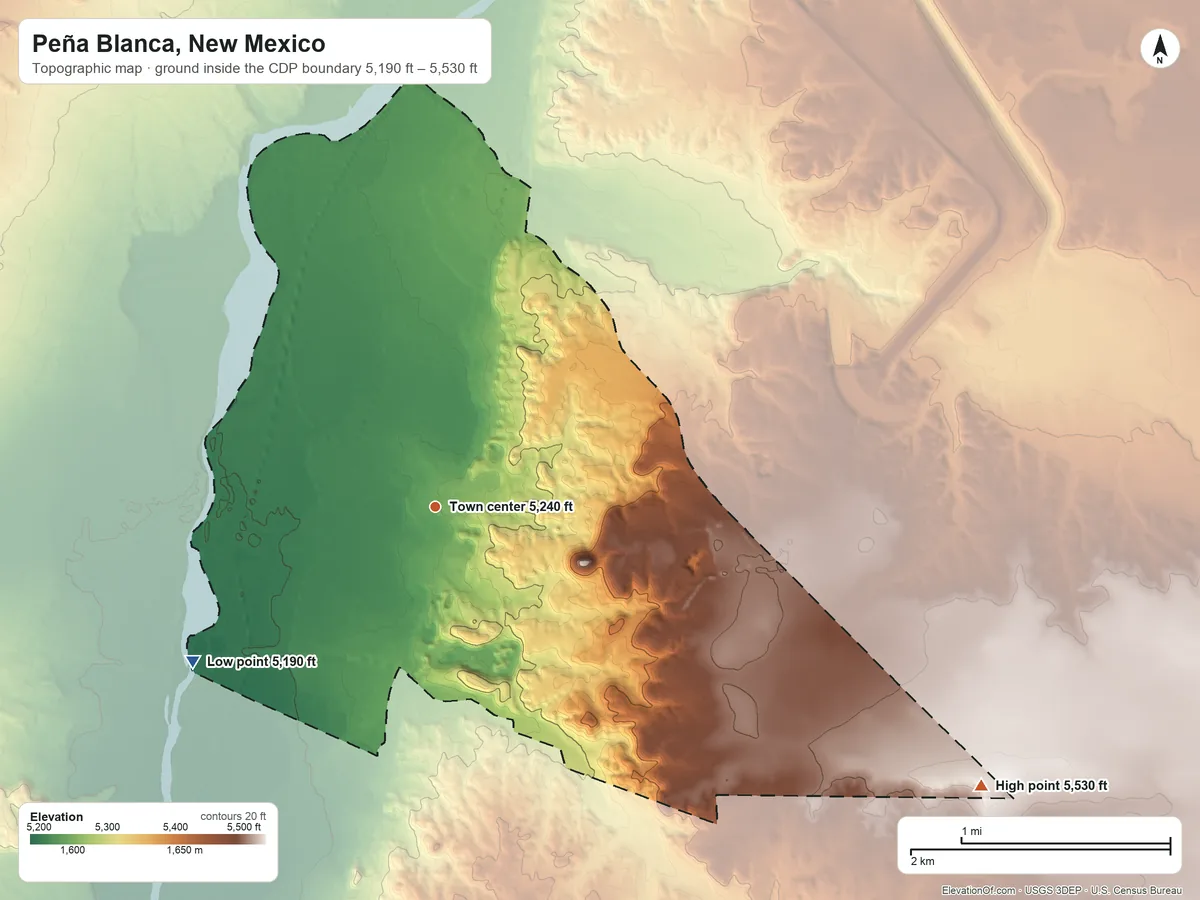 Topographic elevation map of Peña Blanca, New Mexico, shaded from 5,190 ft on the southwest side to 5,530 ft on the southeast side