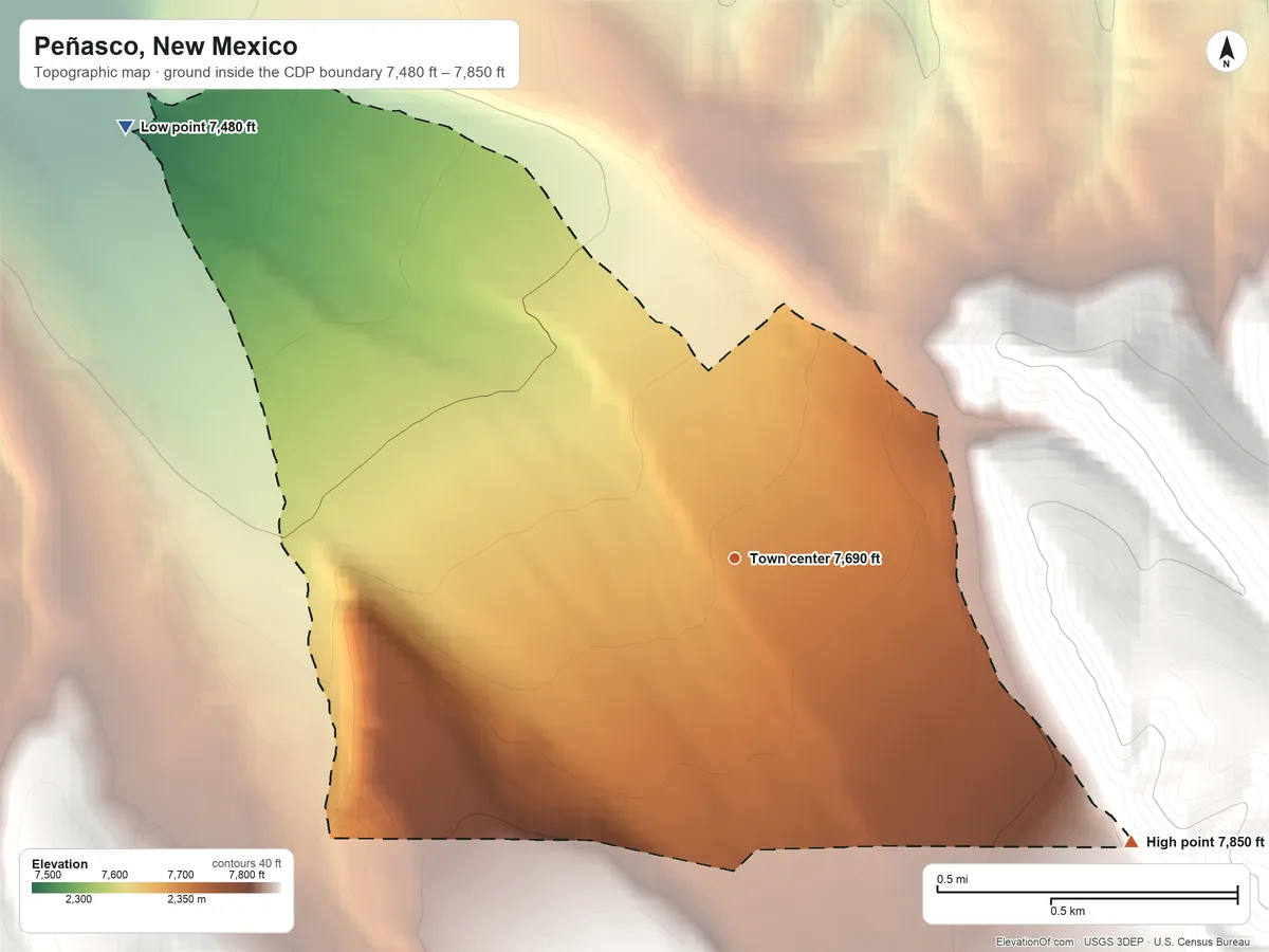 Topographic elevation map of Peñasco, New Mexico, shaded from 7,480 ft on the northwest side to 7,850 ft on the southeast edge, below higher ground just outside