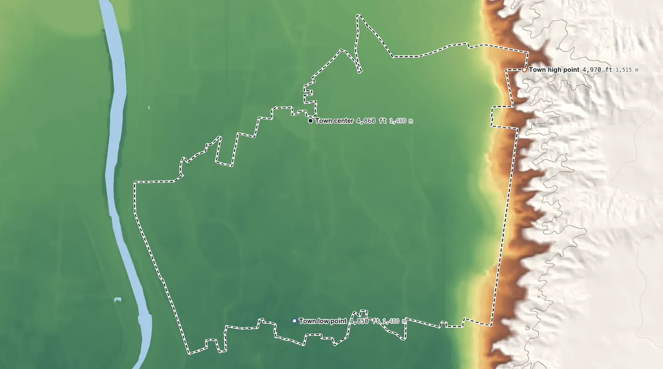 Topographic elevation map of Peralta, New Mexico, shaded from 4,850 ft on the south side to 4,970 ft on the east side