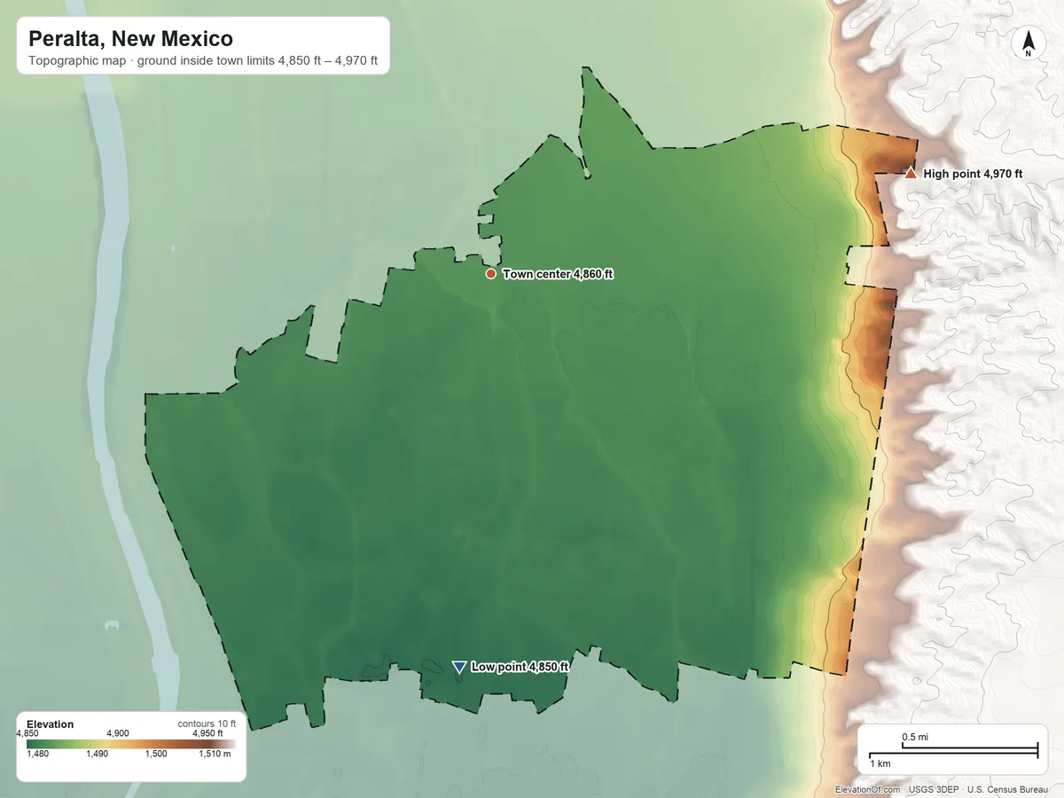 Topographic elevation map of Peralta, New Mexico, shaded from 4,850 ft on the south side to 4,970 ft on the east side