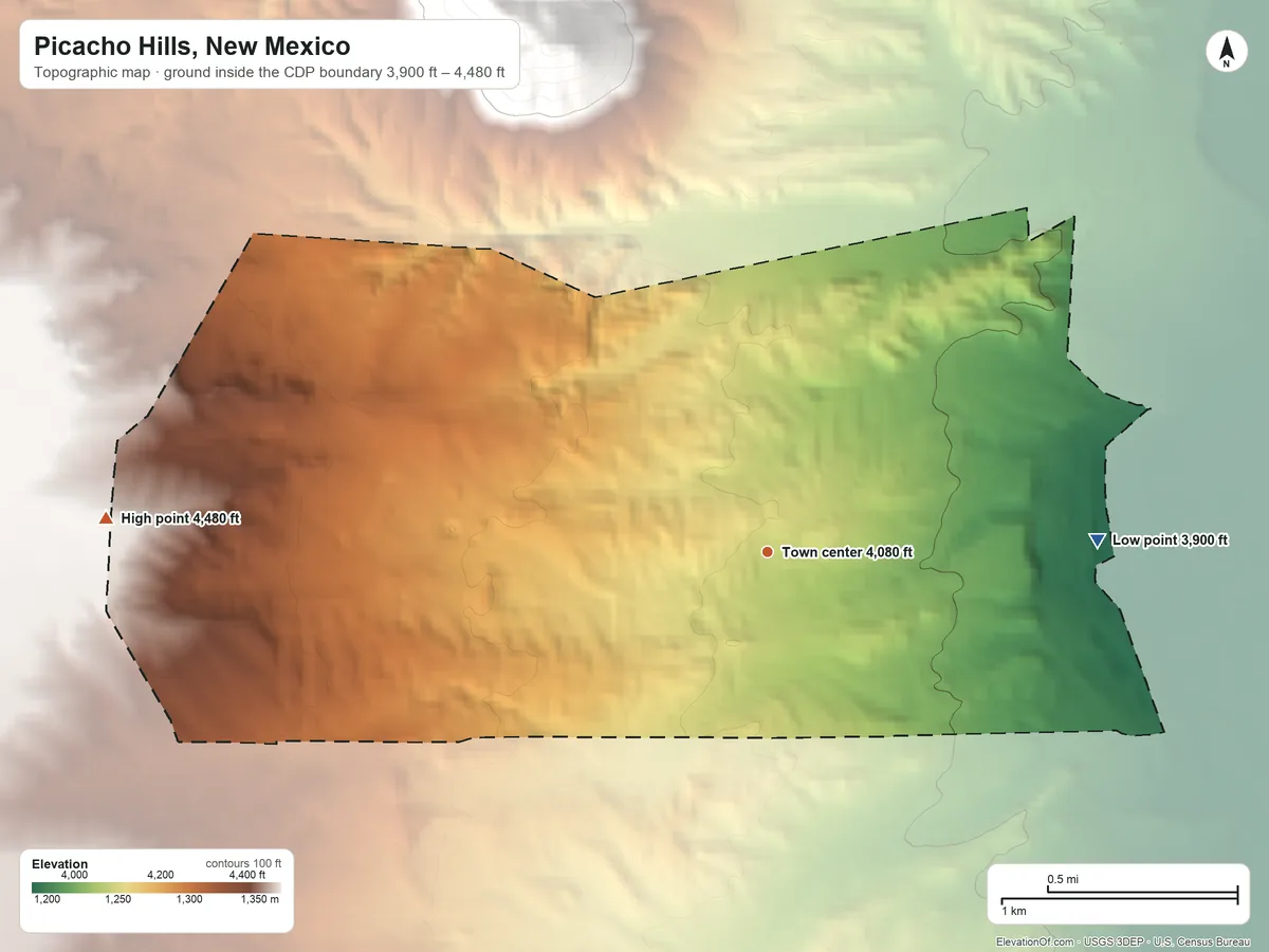 Topographic elevation map of Picacho Hills, New Mexico, shaded from 3,900 ft on the east side to 4,480 ft at the foot of the Robledo Mountains