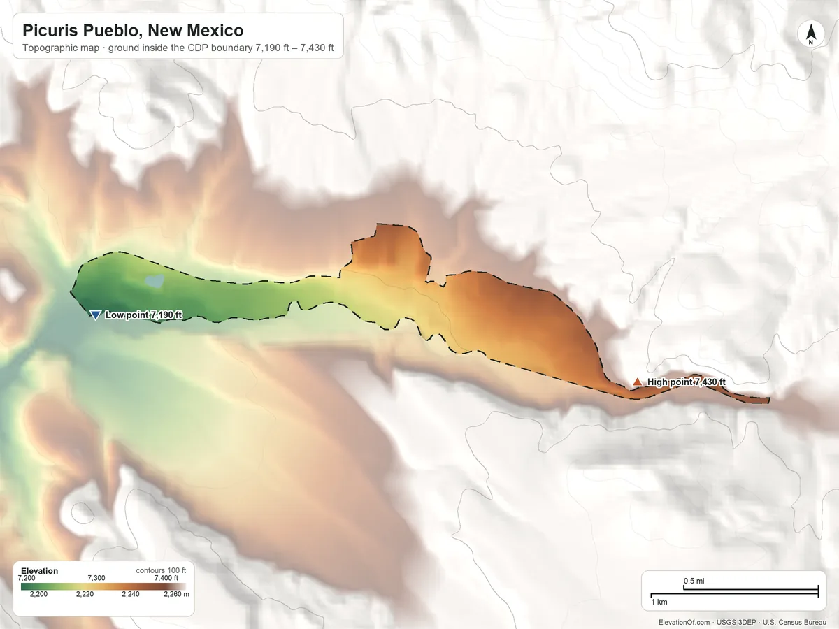 Topographic elevation map of Picuris Pueblo, New Mexico, shaded from 7,190 ft on the west side to 7,430 ft on the east edge, below higher ground just outside