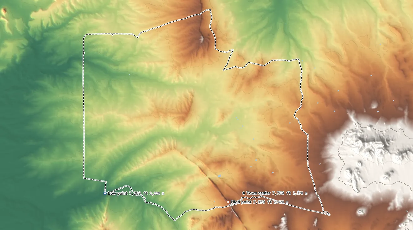 Topographic elevation map of Pie Town, New Mexico, shaded from 7,280 ft on the west side to 7,950 ft near the middle
