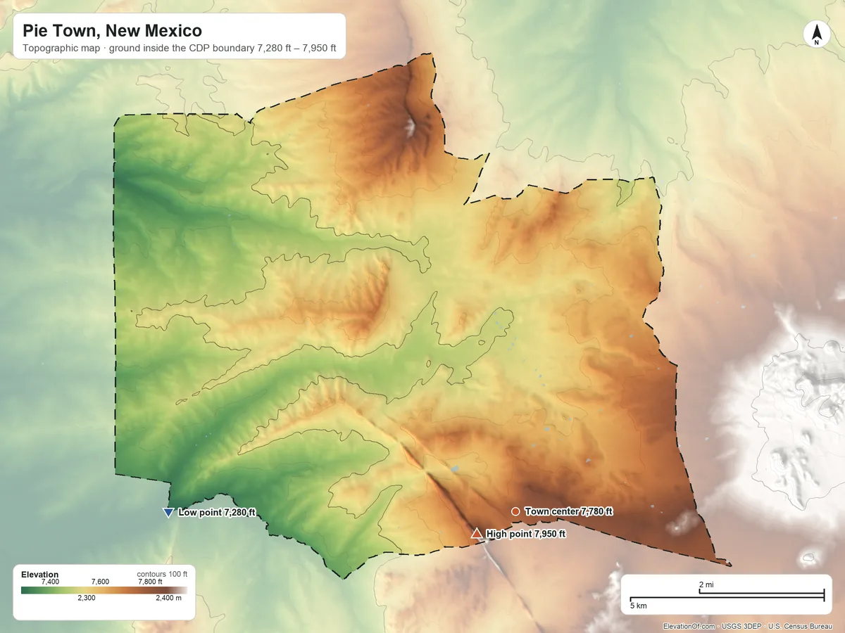 Topographic elevation map of Pie Town, New Mexico, shaded from 7,280 ft on the west side to 7,950 ft near the middle