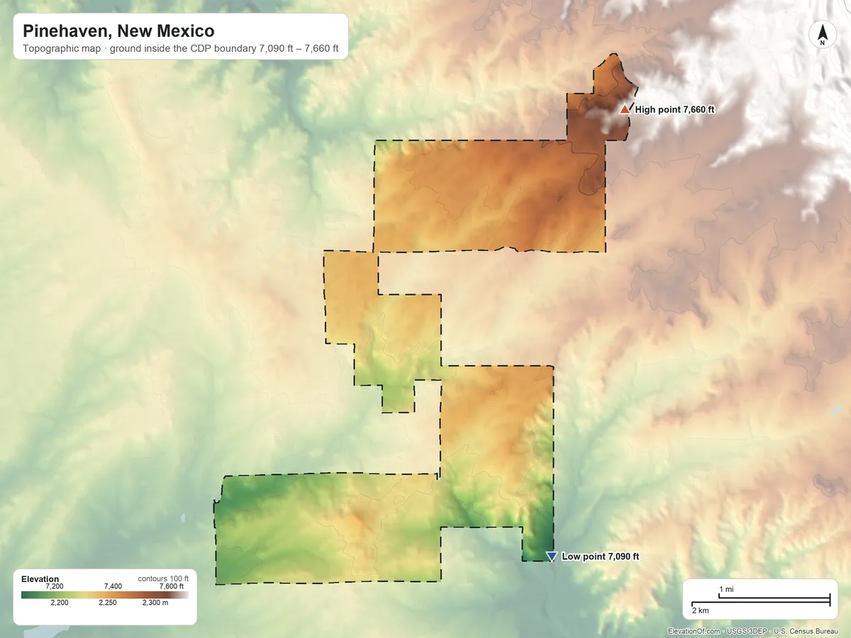 Topographic elevation map of Pinehaven, New Mexico, shaded from 7,090 ft on the southeast side to 7,660 ft on the northeast side
