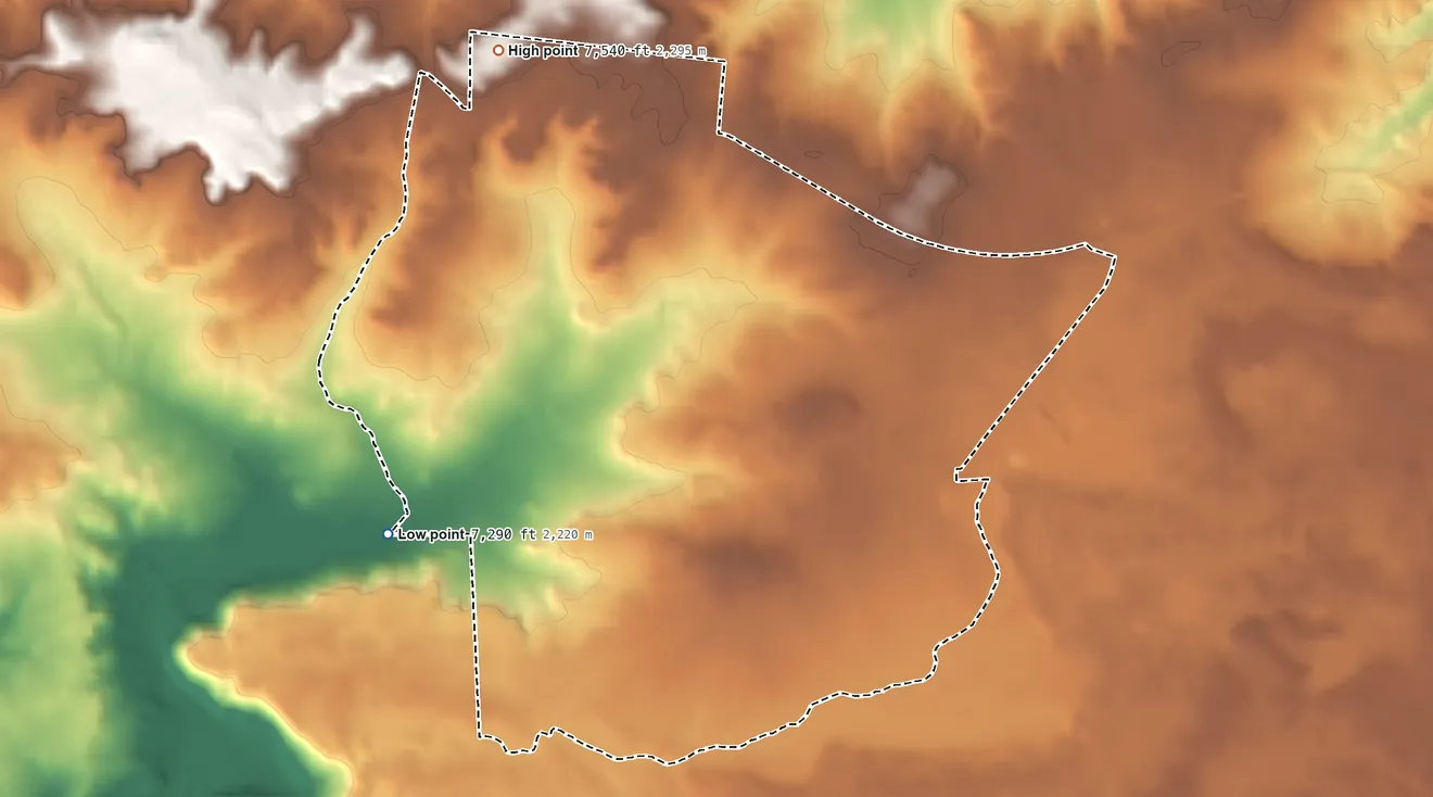Topographic elevation map of Pinehill, New Mexico, shaded from 7,290 ft on the west side to 7,540 ft on the northwest side