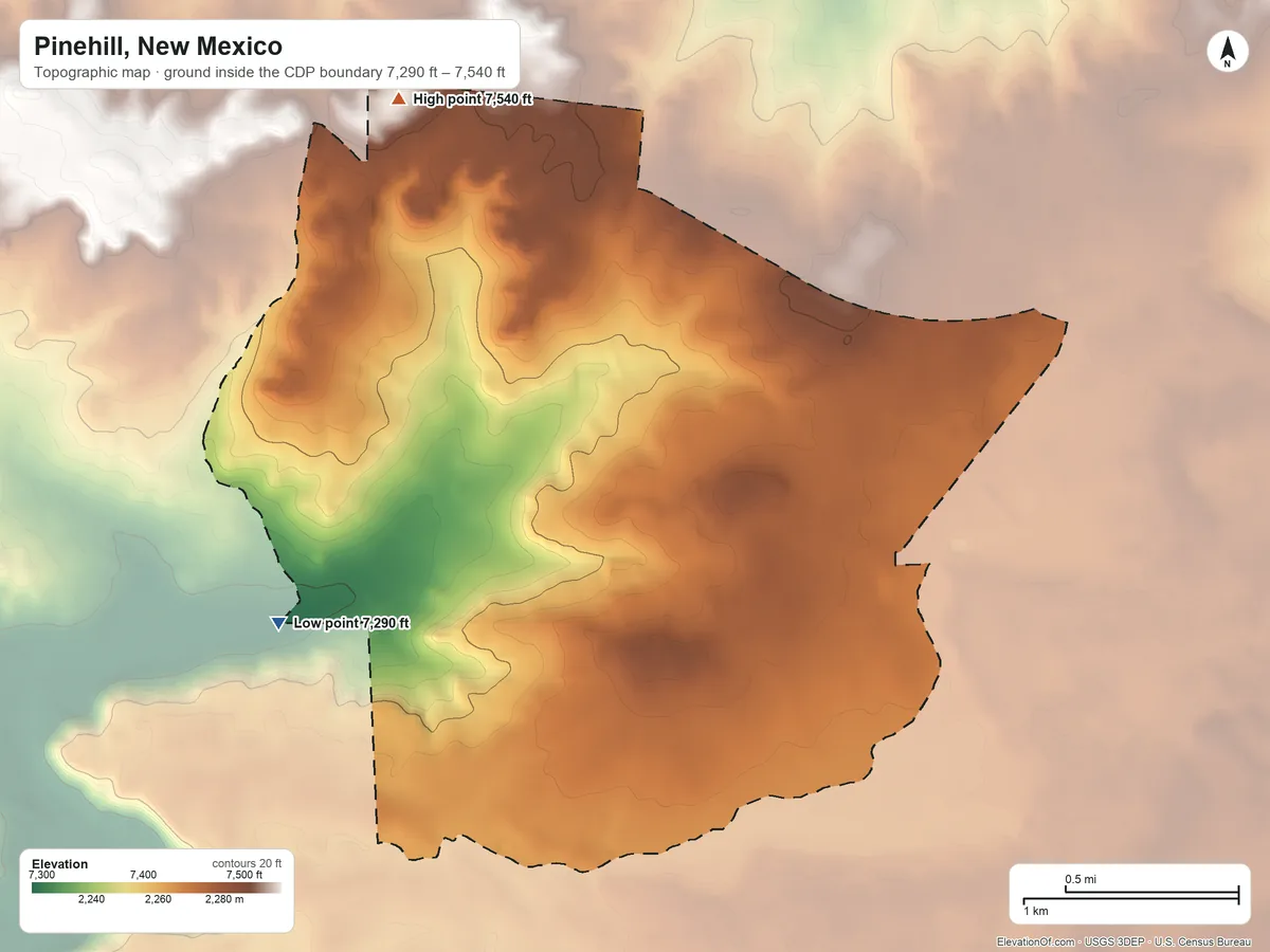 Topographic elevation map of Pinehill, New Mexico, shaded from 7,290 ft on the west side to 7,540 ft on the northwest side