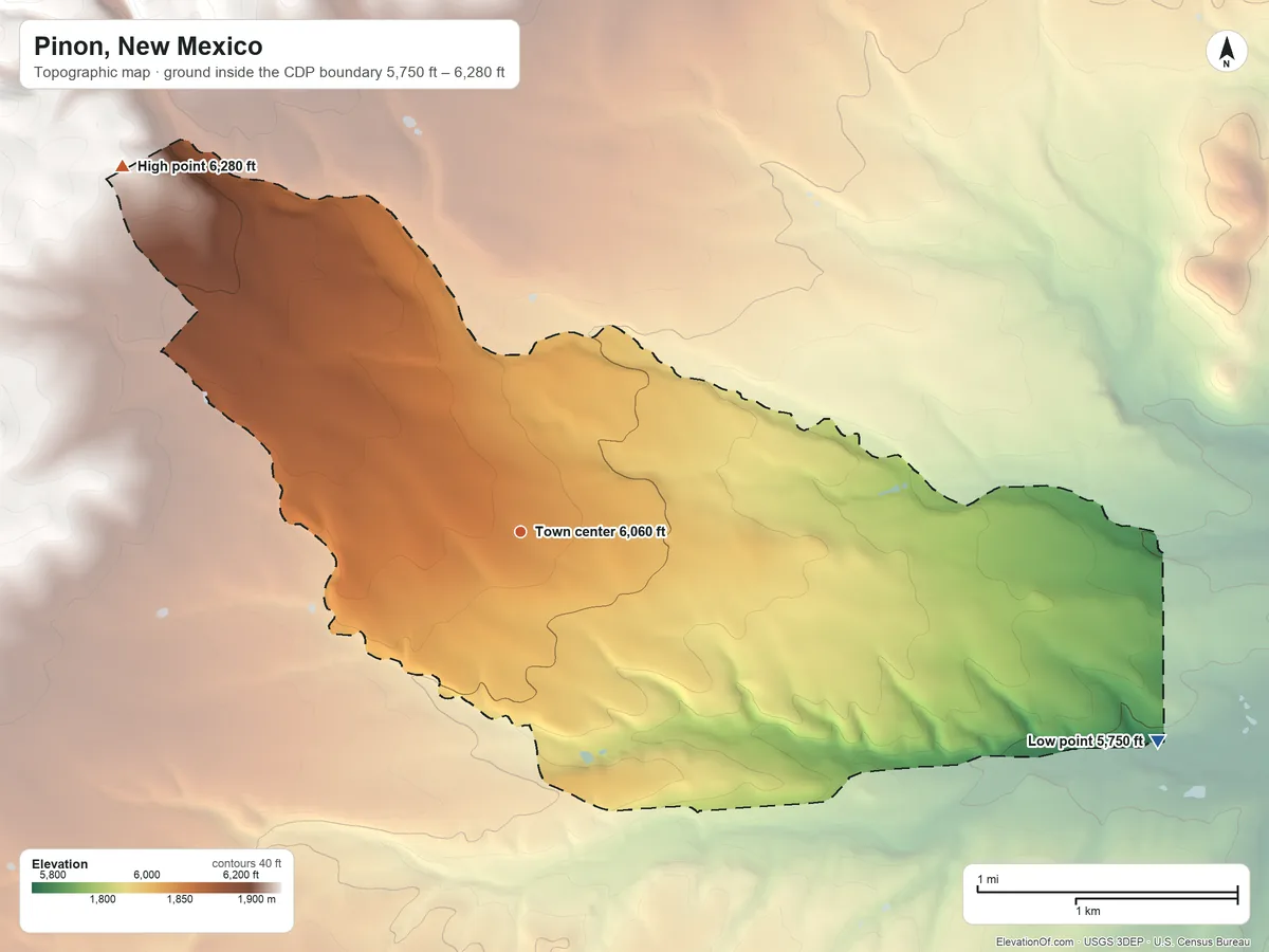 Topographic elevation map of Pinon, New Mexico, shaded from 5,750 ft on the east side to 6,280 ft at the foot of the Collins Hills