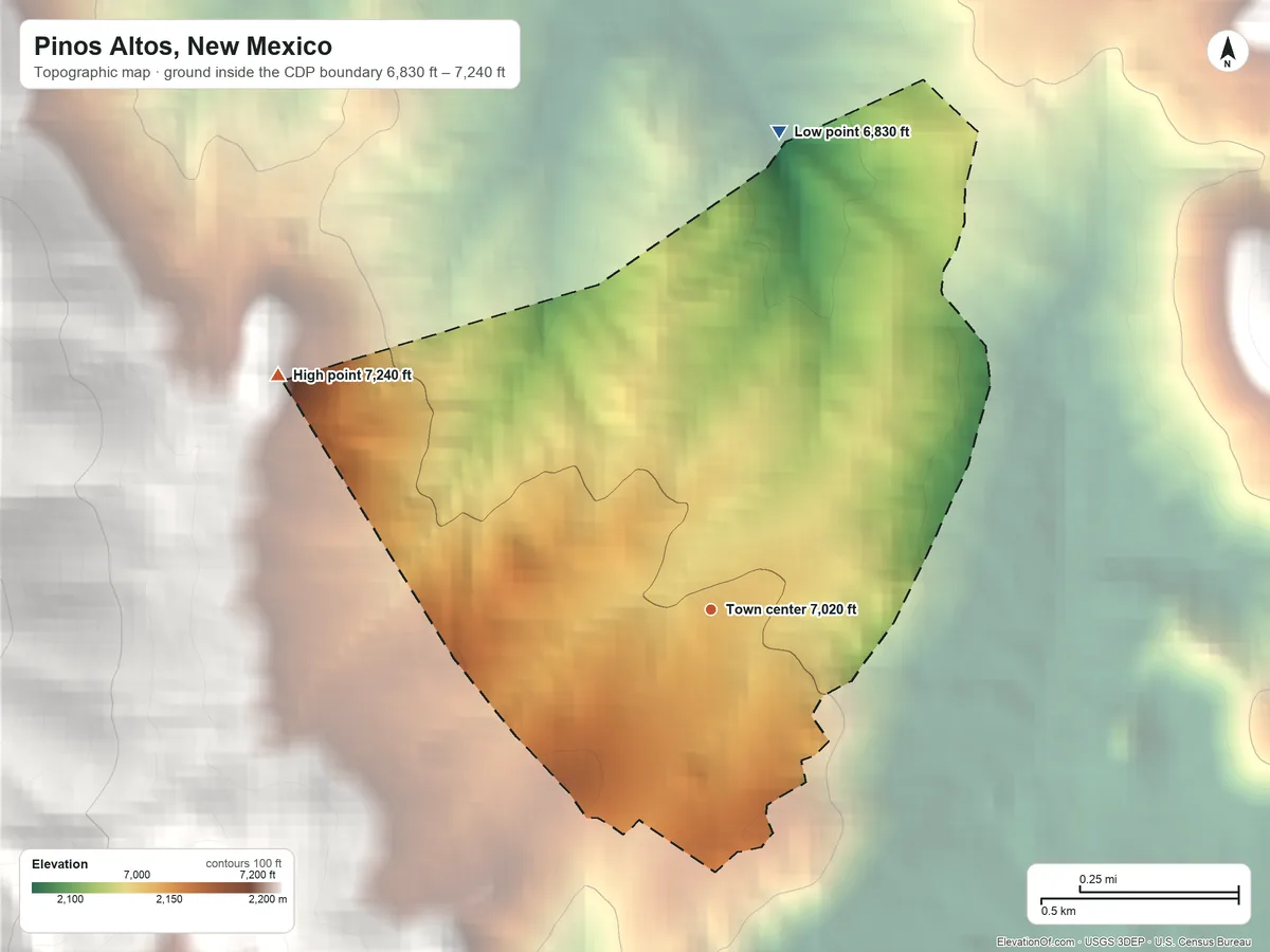 Topographic elevation map of Pinos Altos, New Mexico, shaded from 6,830 ft on the north side to 7,240 ft at the foot of the Pinos Altos Range
