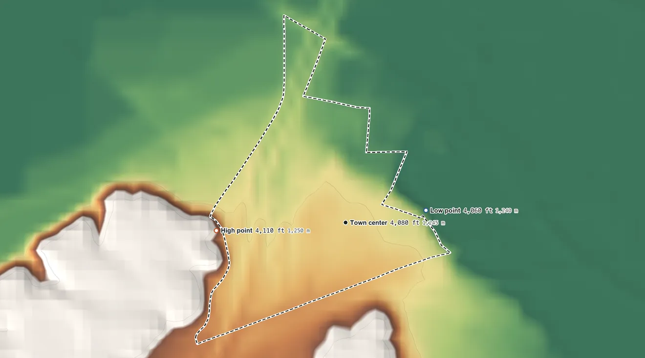 Topographic elevation map of Placitas, Doña Ana County, New Mexico, shaded from 4,060 ft on the east side to 4,110 ft at the foot of the Tonuco Mountains