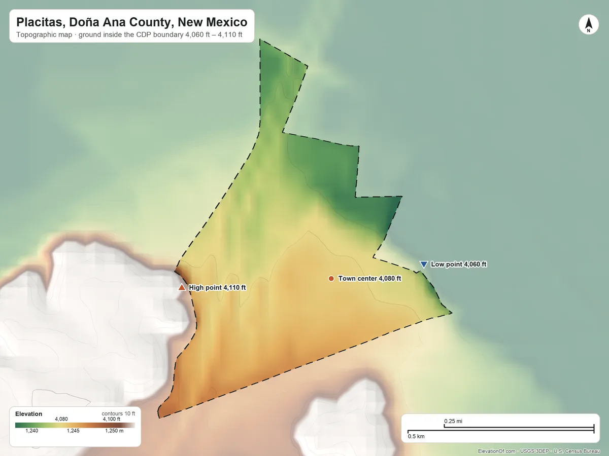 Topographic elevation map of Placitas, Doña Ana County, New Mexico, shaded from 4,060 ft on the east side to 4,110 ft at the foot of the Tonuco Mountains