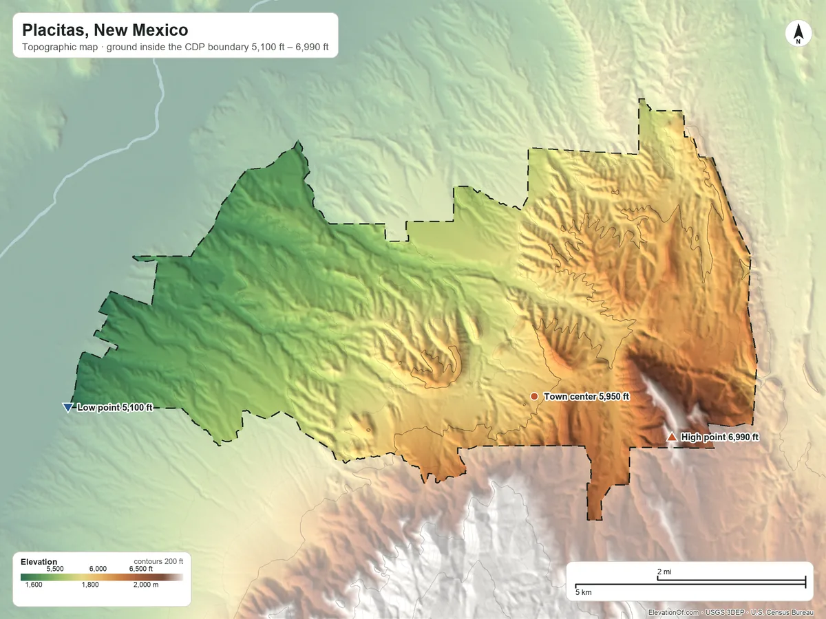 Topographic elevation map of Placitas, New Mexico, shaded from 5,100 ft on the west side to 6,990 ft on the east side
