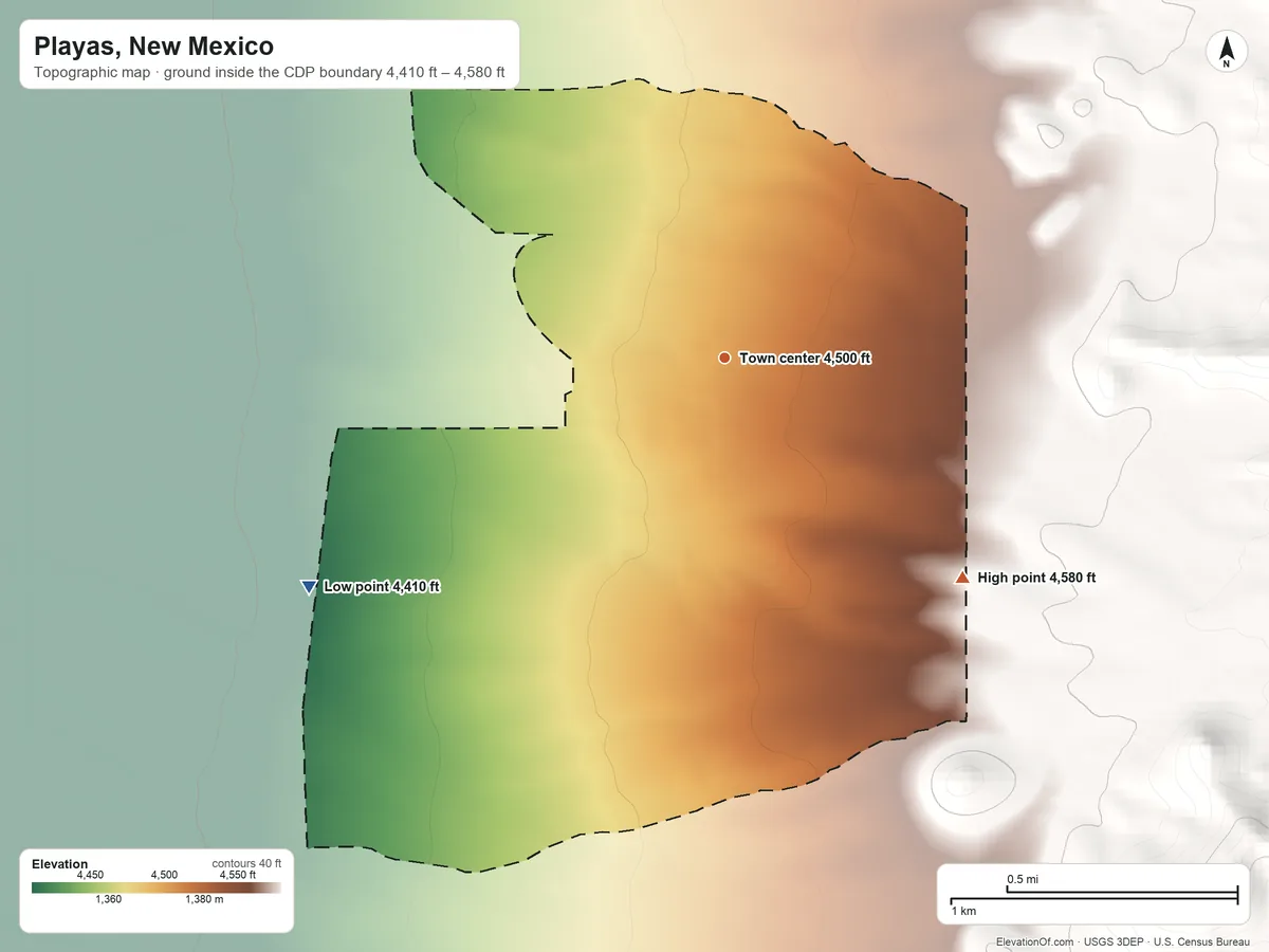 Topographic elevation map of Playas, New Mexico, shaded from 4,410 ft on the southwest side to 4,580 ft at the foot of the Coyote Hills