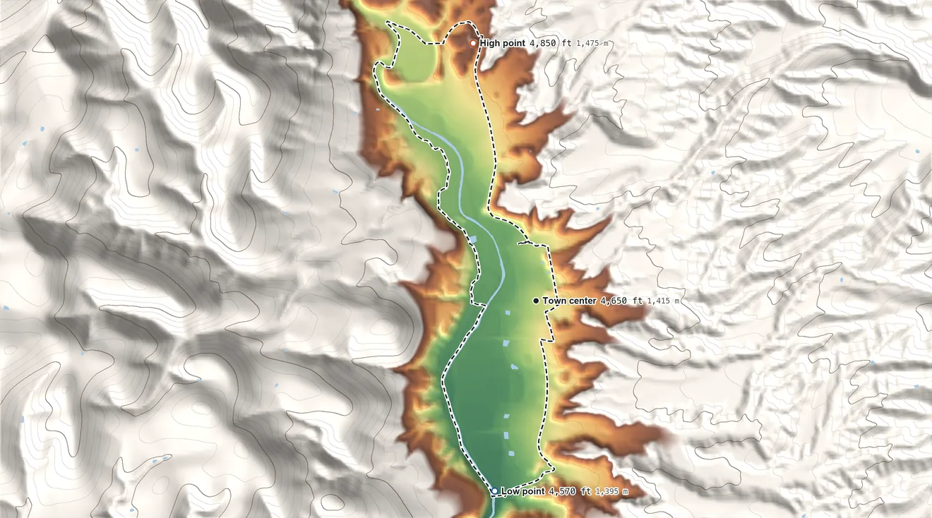 Topographic elevation map of Pleasanton, New Mexico, shaded from 4,570 ft on the south side to 4,850 ft at the foot of the Sierra Aguilada