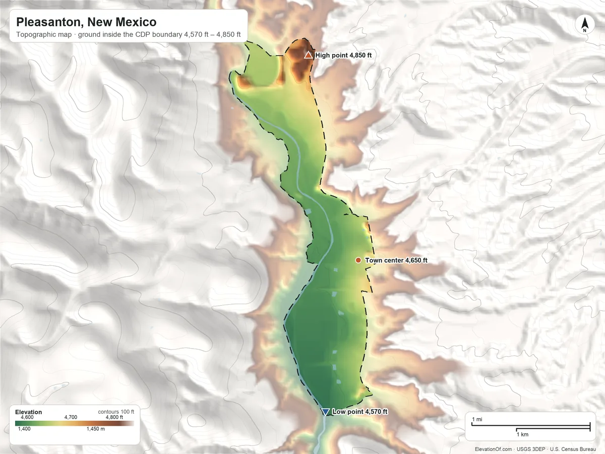 Topographic elevation map of Pleasanton, New Mexico, shaded from 4,570 ft on the south side to 4,850 ft at the foot of the Sierra Aguilada