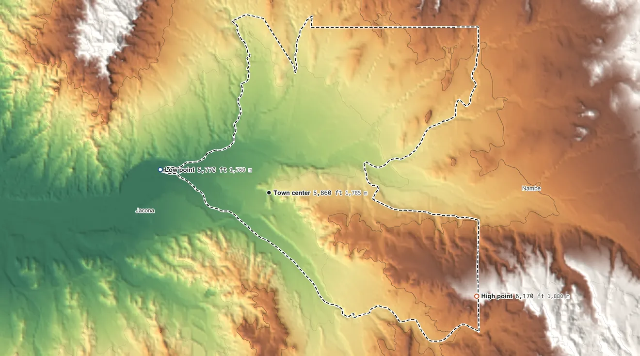 Topographic elevation map of Pojoaque, New Mexico, shaded from 5,770 ft on the west side to 6,170 ft on the southeast side