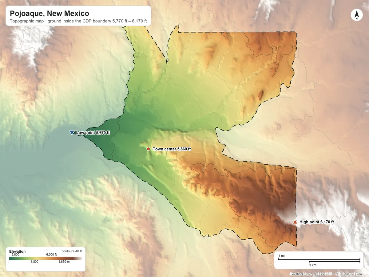 Topographic elevation map of Pojoaque, New Mexico, shaded from 5,770 ft on the west side to 6,170 ft on the southeast side