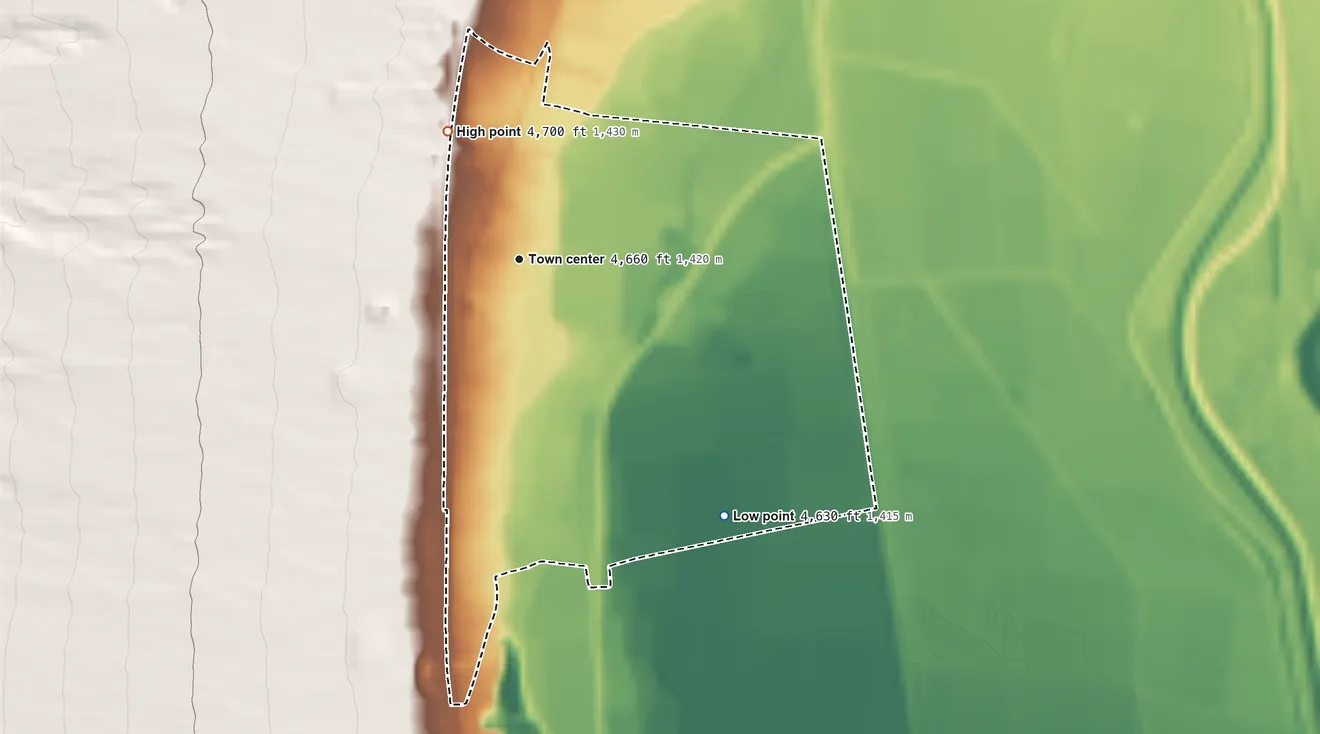 Topographic elevation map of Polvadera, New Mexico, shaded from 4,630 ft on the southeast side to 4,700 ft at the foot of the Cerritos de las Minas