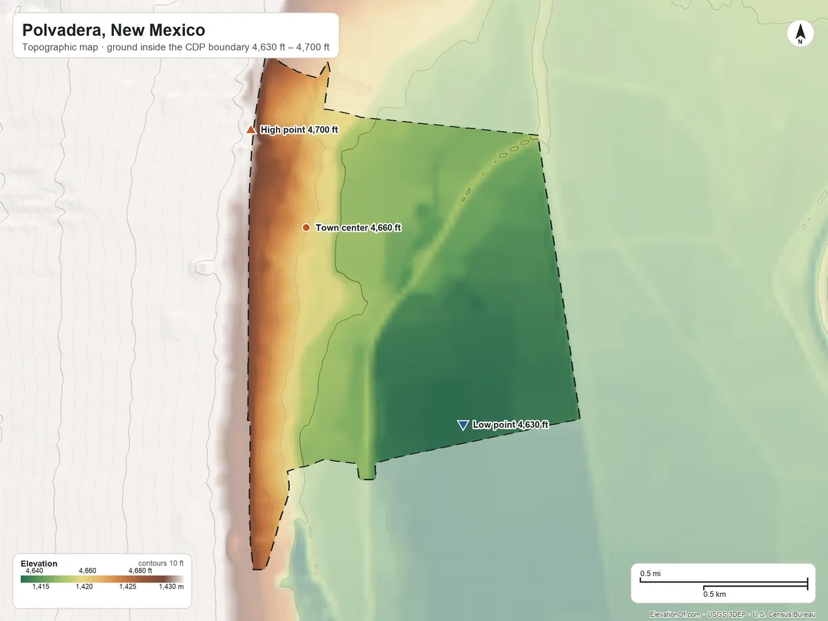 Topographic elevation map of Polvadera, New Mexico, shaded from 4,630 ft on the southeast side to 4,700 ft at the foot of the Cerritos de las Minas