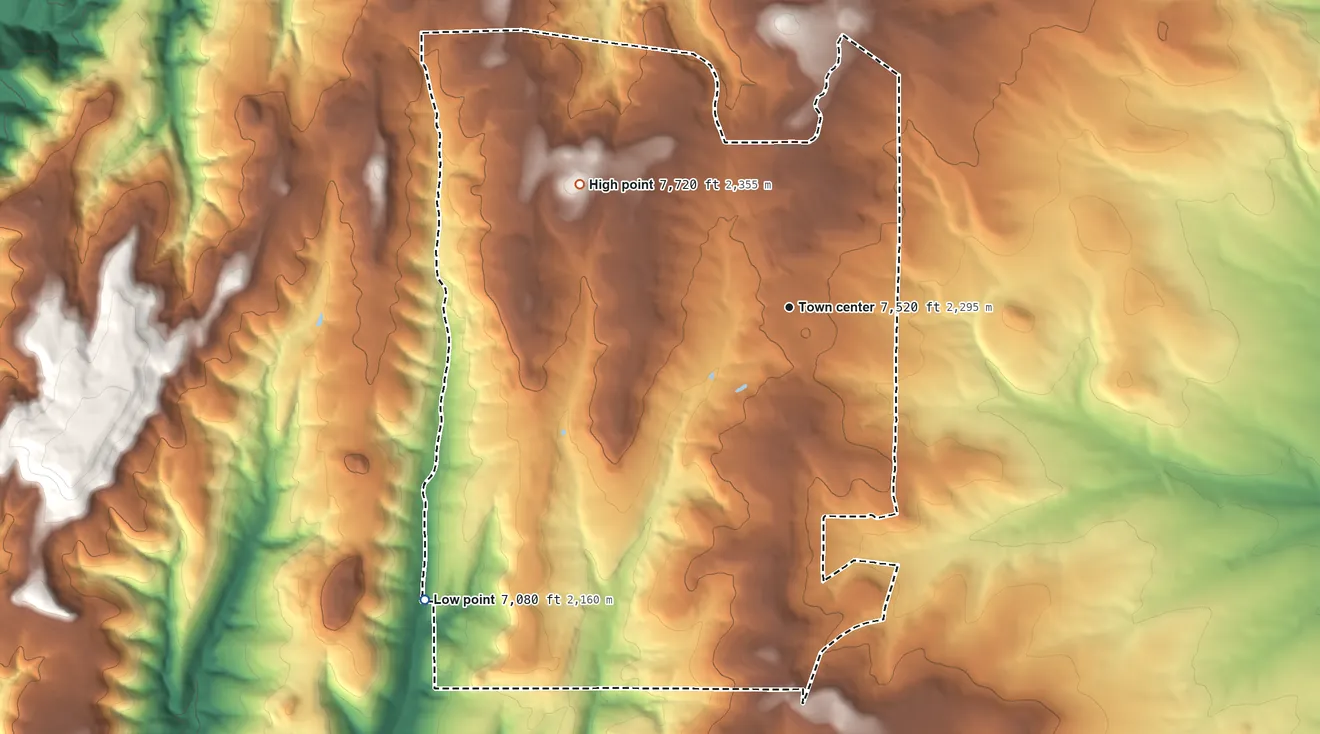 Topographic elevation map of Ponderosa Pine, New Mexico, shaded from 7,080 ft on the southwest side to 7,720 ft on the northwest side