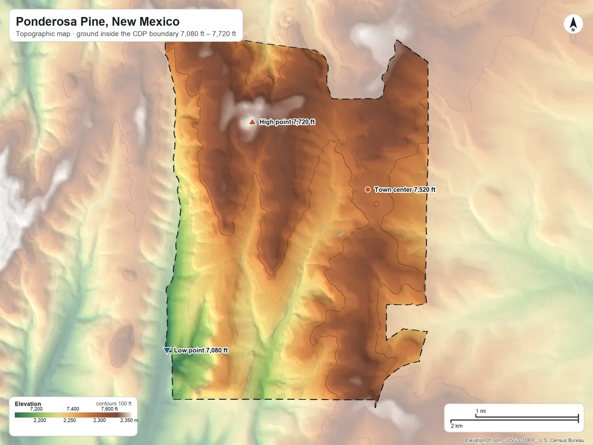 Topographic elevation map of Ponderosa Pine, New Mexico, shaded from 7,080 ft on the southwest side to 7,720 ft on the northwest side