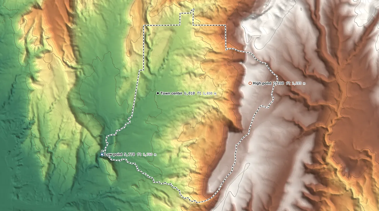 Topographic elevation map of Ponderosa, New Mexico, shaded from 5,770 ft on the southwest side to 7,490 ft on the east edge, below higher ground just outside