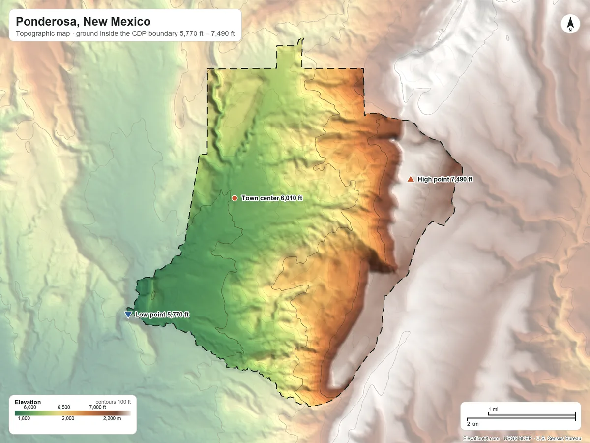 Topographic elevation map of Ponderosa, New Mexico, shaded from 5,770 ft on the southwest side to 7,490 ft on the east edge, below higher ground just outside