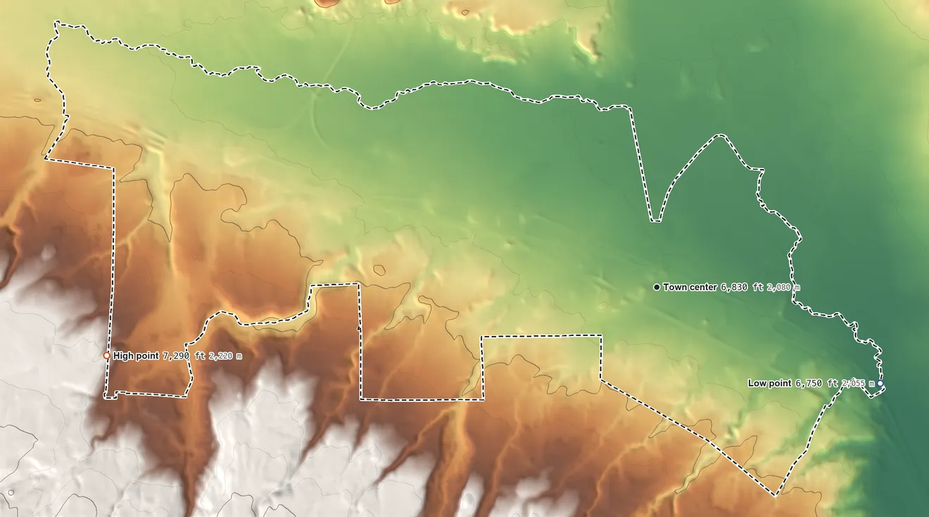 Topographic elevation map of Prewitt, New Mexico, shaded from 6,750 ft on the southeast side to 7,290 ft on the west edge, below higher ground just outside