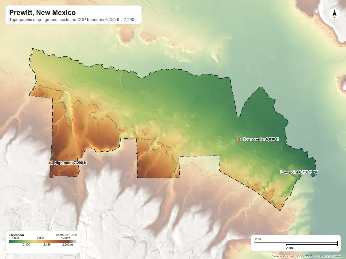 Topographic elevation map of Prewitt, New Mexico, shaded from 6,750 ft on the southeast side to 7,290 ft on the west edge, below higher ground just outside