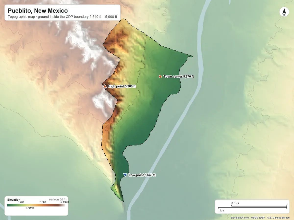 Topographic elevation map of Pueblito, New Mexico, shaded from 5,640 ft on the south side to 5,900 ft on the west side