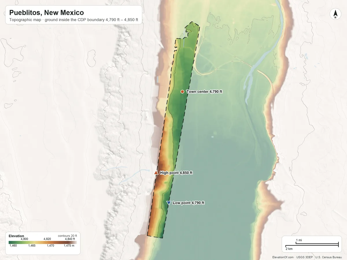 Topographic elevation map of Pueblitos, New Mexico, shaded from 4,790 ft on the south side to 4,850 ft on the south edge, below higher ground just outside