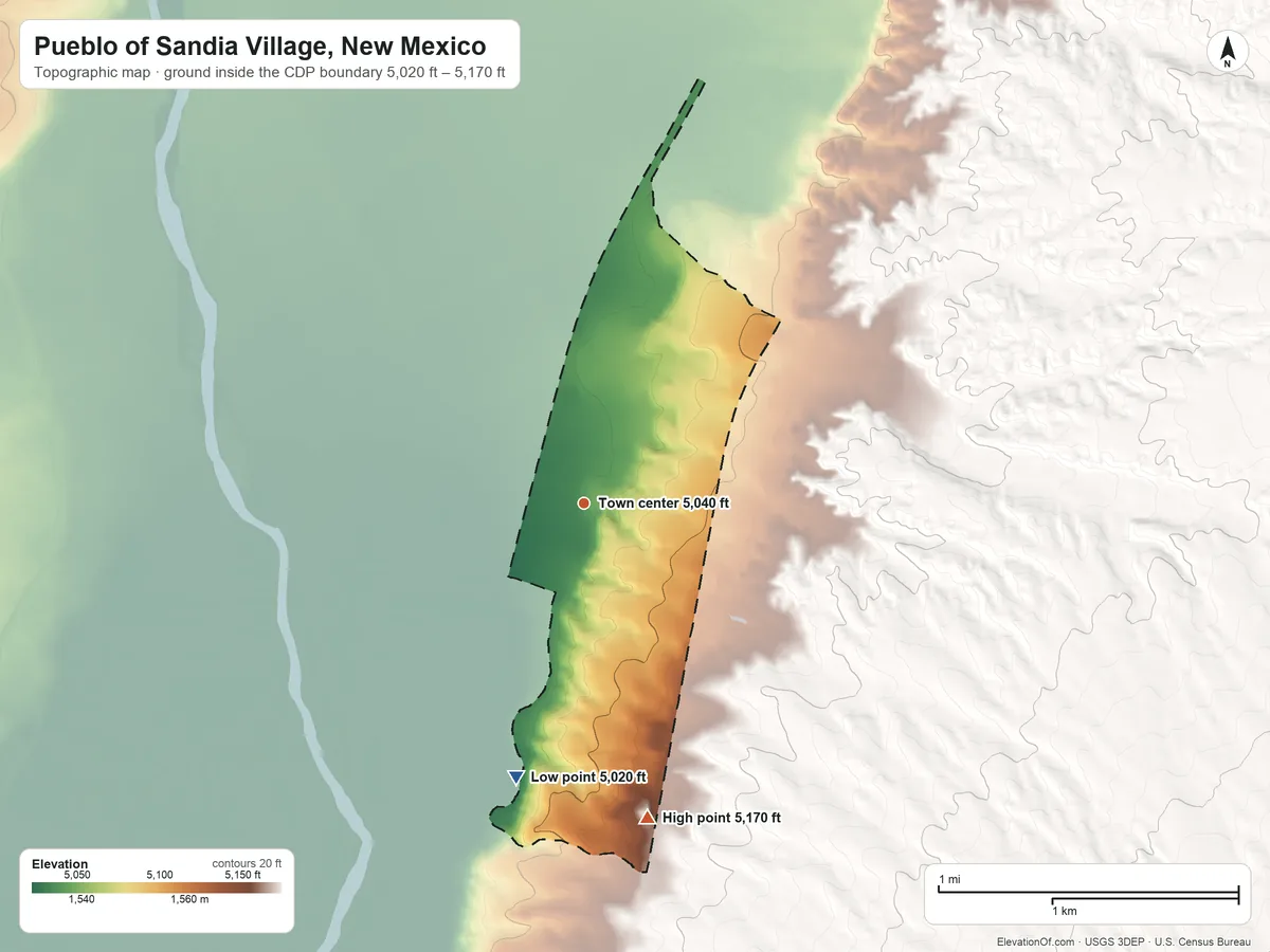 Topographic elevation map of Pueblo of Sandia Village, New Mexico, shaded from 5,020 ft on the south side to 5,170 ft on the south side
