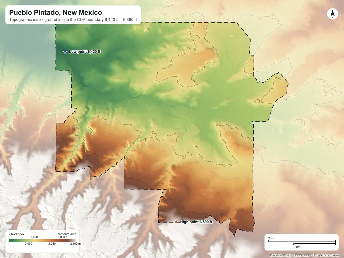 Topographic elevation map of Pueblo Pintado, New Mexico, shaded from 6,420 ft on the northwest side to 6,890 ft on the southeast side