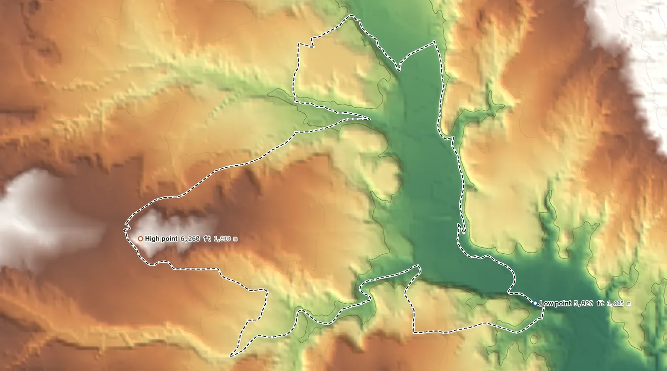 Topographic elevation map of Pueblo, New Mexico, shaded from 5,920 ft on the southeast side to 6,260 ft on the west side