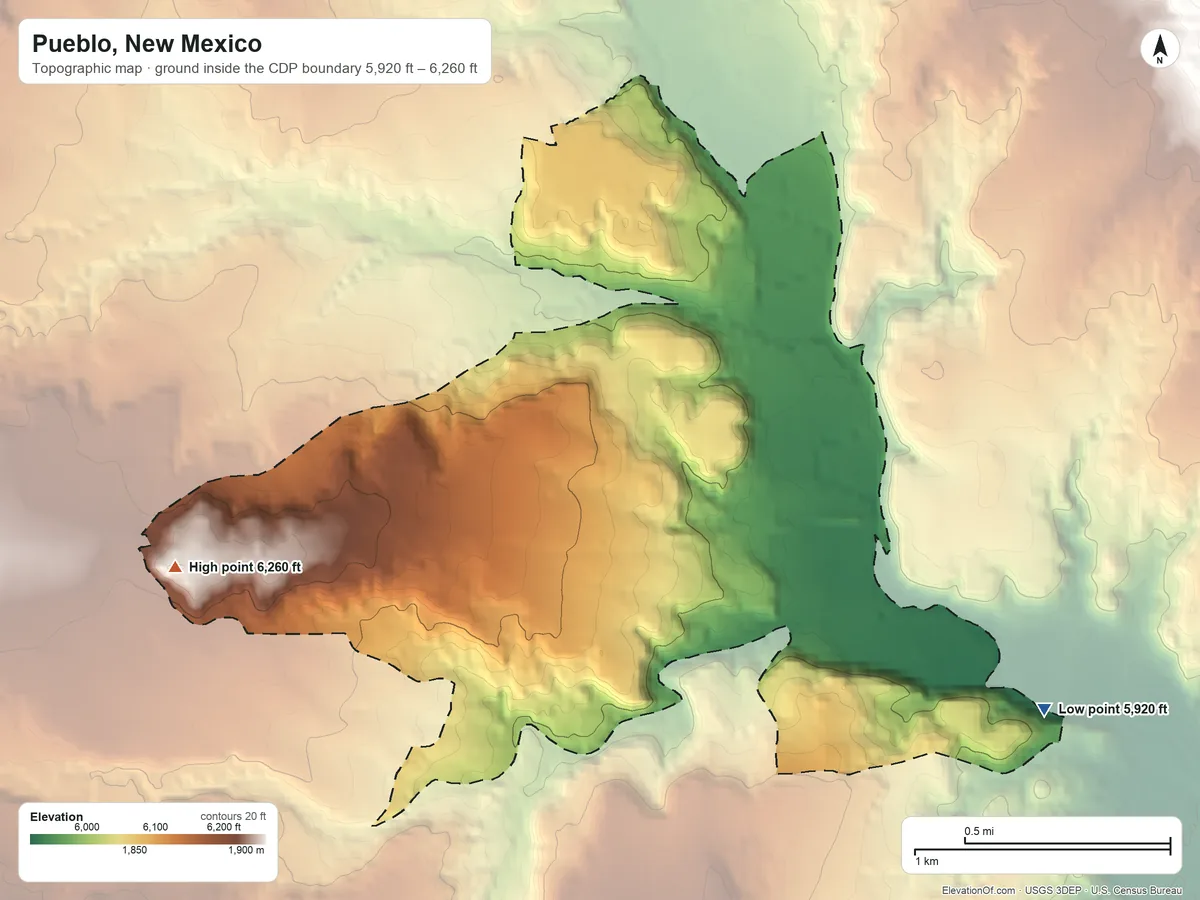 Topographic elevation map of Pueblo, New Mexico, shaded from 5,920 ft on the southeast side to 6,260 ft on the west side